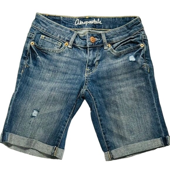 AEROPOSTALE Women's Jean Shorts Blue Cotton Denim Stretch Bermuda Size 000 - Picture 1 of 7